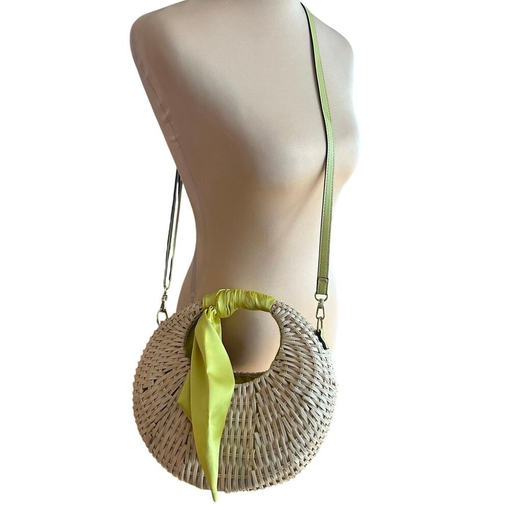 SCOOP Wicker Crescent Crossbody Straw Purse Handbag Basket Yellow Scarf Accent - Picture 2 of 5